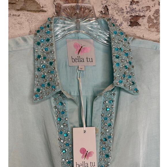 Bella Tu embellished 54" Kara caftan linen blend shirtdress size M $415 NWT - Picture 6 of 16
